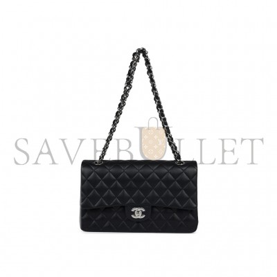 CHANEL MASTER MEDIUM CLASSIC DOUBLE FLAP BLACK LAMBSKIN SILVER HARDWARE A01112  (25.5*15.5*6.5cm)